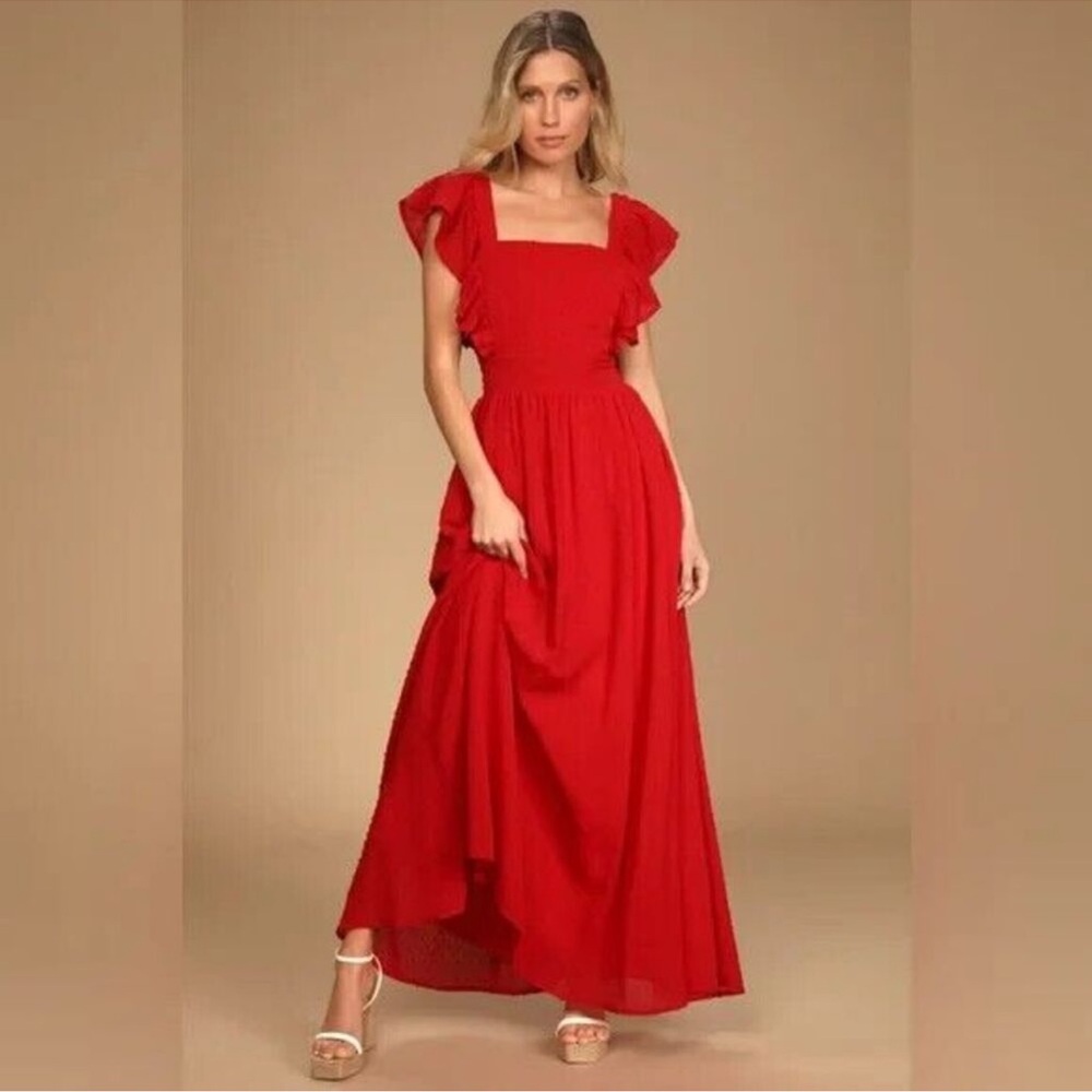 Lulus Little Love Red Swiss Dot Backless Ruffled Maxi Dress Size XS